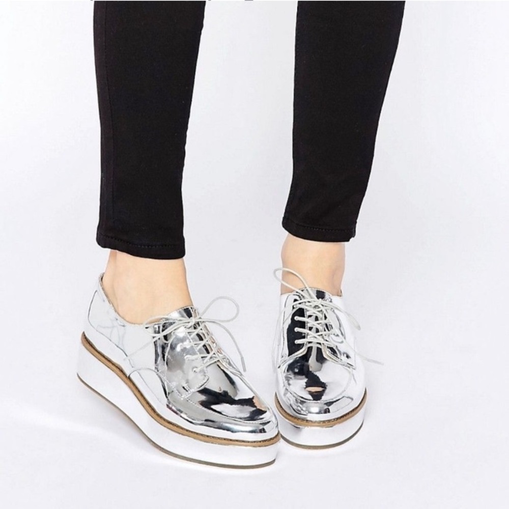 Zara Metallic Silver Platform Lace Up Shoes Size 37/US 6.5